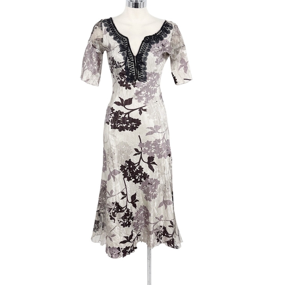 Komarov Women Small Floral Pleated Crinkle Midi Dress Beaded V-Neck Grey Silver